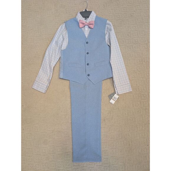NWT Van Heusen 4 Piece Set Boys Size 12 Blue Pink Vest Pant Set - Picture 1 of 8